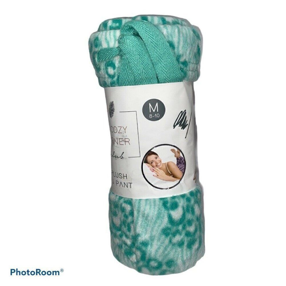 The Cozy Corner GREEN LEOPARD Fleece Plush Pajama Pants Womens Medium Size 8-10